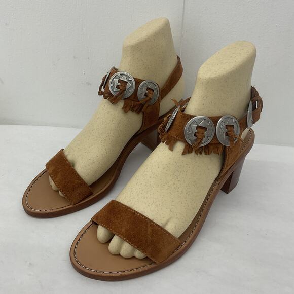 ASH Leather Boho Silver Accent Fringe Heel Sandals Brown Women's 8 Preowned - Picture 2 of 6